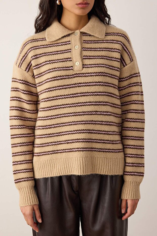 Wardrobe Essentials Camel*001 Basic Geniş Kalıp Özel İplikli Triko Kazak | TWOAW26KZ00072 - 3