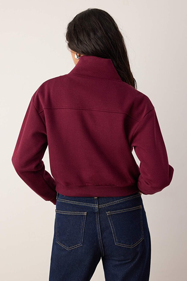 Bordo Kalın İçi Polarlı Dik Yaka Yarım Pat Fermuarı Crop Örme Sweatshirt TWOAW26SW00233 - 4