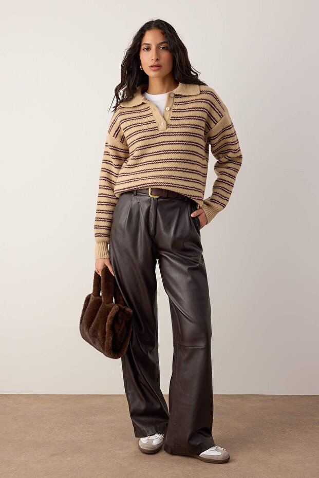 Wardrobe Essentials Camel*001 Basic Geniş Kalıp Özel İplikli Triko Kazak | TWOAW26KZ00072 - 2