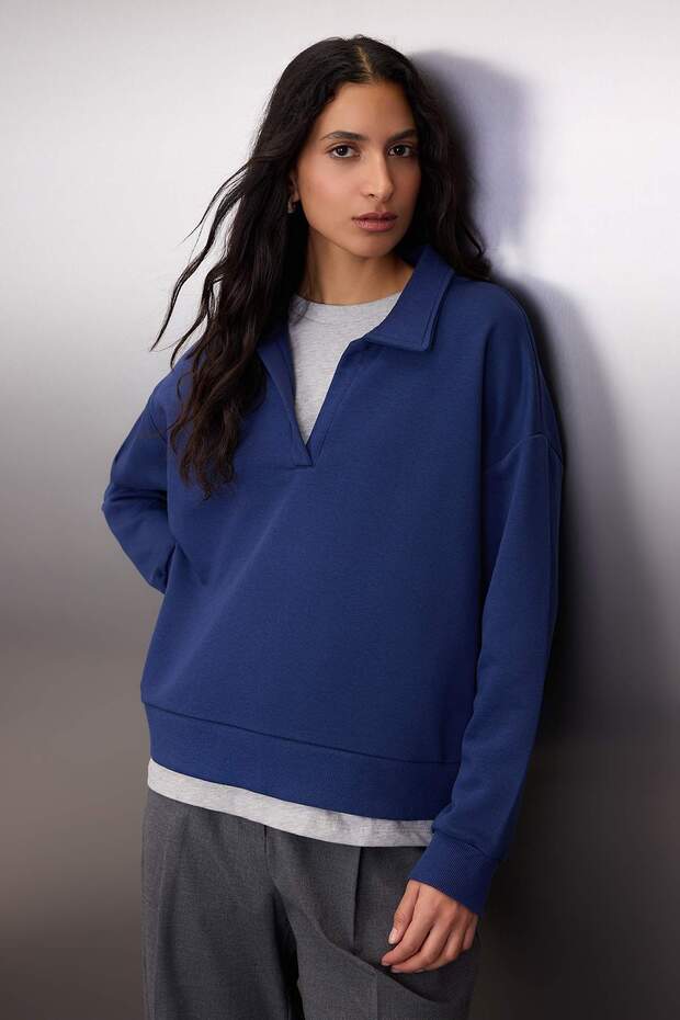 Lacivert Polo Yaka Çift Katlı Örme Sweatshirt TWOAW26SW00127 - 1