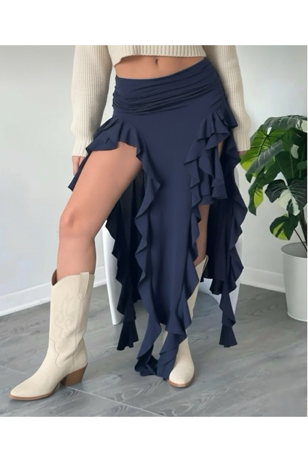 4043 Ruffle Slit Long Navy Blue Skirt