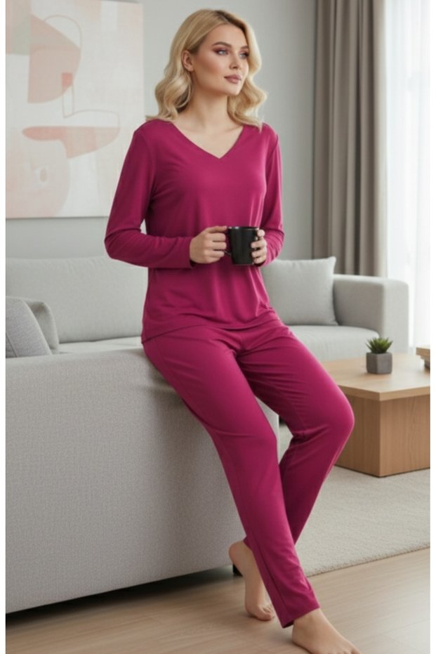 Viscose Knitted V-Neck Long Sleeve Women's Pajamas Set