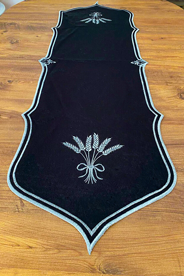 Başak Kadife Özel Nakışlı Runner-Siyah/Gri - 4