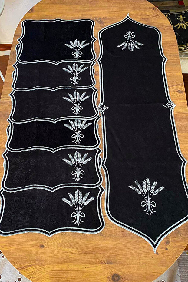 Başak Kadife Özel Nakışlı Runner-Siyah/Gri - 3