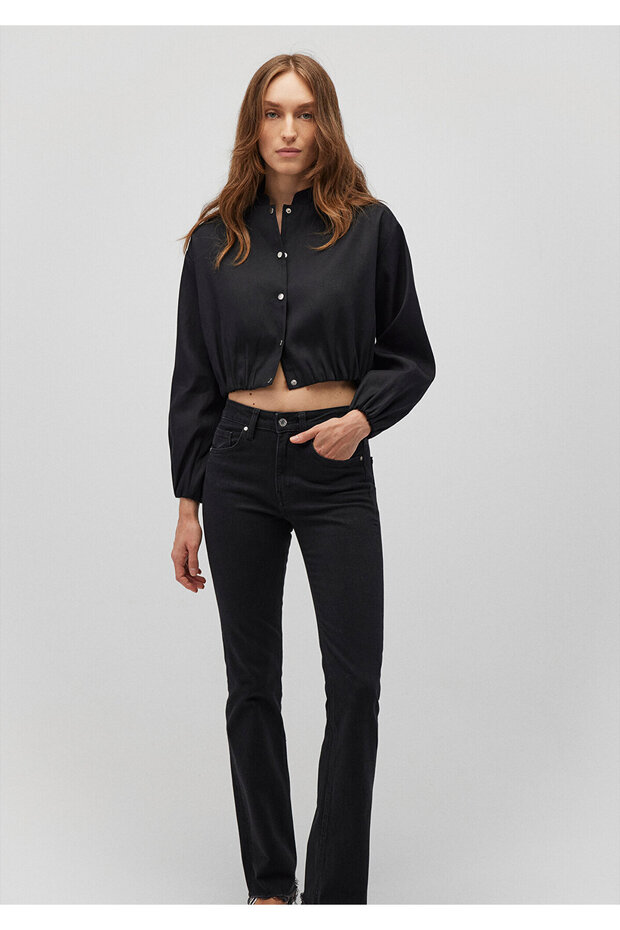 Oversize Black Tencel Lyocell Crop Jacket Shirt - 1210857 -900