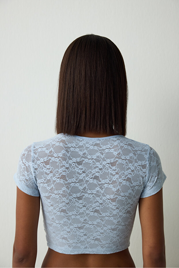 Açık Mavi Bisiklet Yaka Dantelli Crop Üst - 6