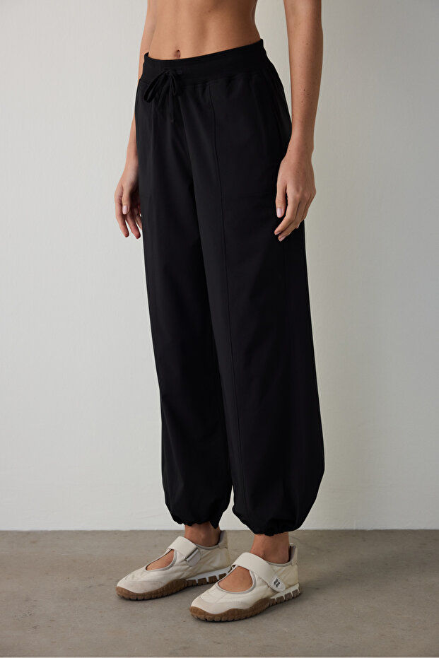 Black Oversize Regular Waist Lace-Up Jogger Sweatpants - 1