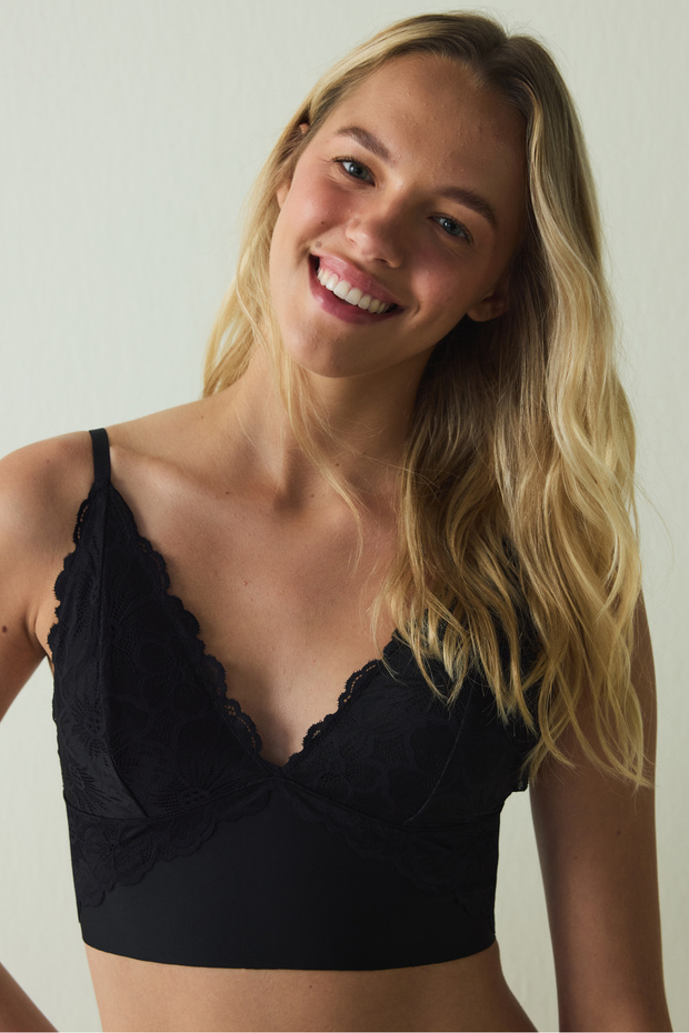 Siyah Brode Detaylı Balensiz Push Up Bralet - 2