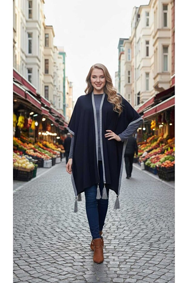 Women's Oversize Tasseled Stripe Detailed Contrast Poncho (Thin Knitwear)