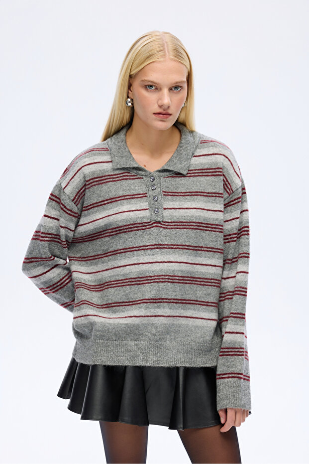 Ribbed Polo Neck Striped Knit Sweater Gray