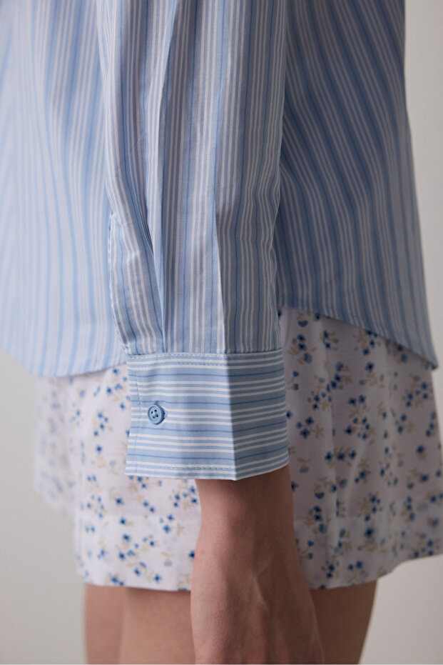 Açık Mavi Lilah Gömlek Yaka Pamuklu Uzun Kollu Şort Pijama Takımı - 4