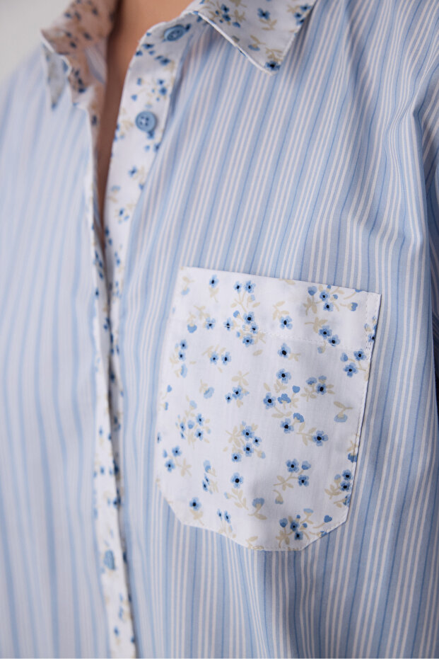 Açık Mavi Lilah Gömlek Yaka Pamuklu Uzun Kollu Şort Pijama Takımı - 2