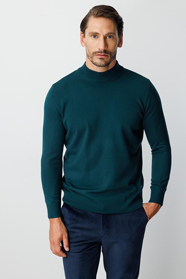 Petrol Modern Fit Slim Fit Half Fisherman Plain Long Sleeve Knitwear