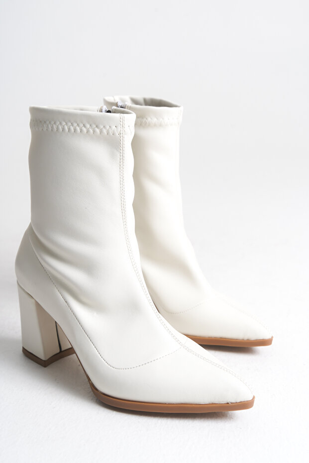 Beyaz Streç Bot Kalın Topuklu - 4