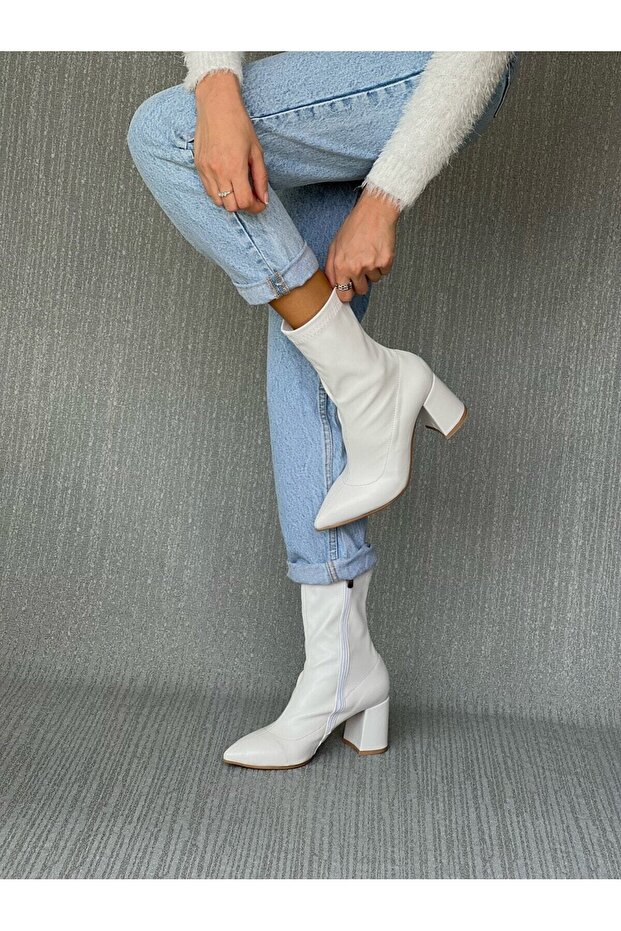 Beyaz Streç Bot Kalın Topuklu - 8