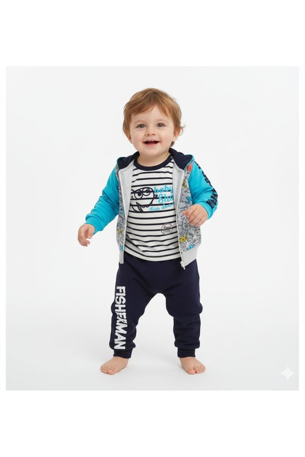 Baby Shark Patterned Cardigan Net Cut Baby Boy 3-Piece Set