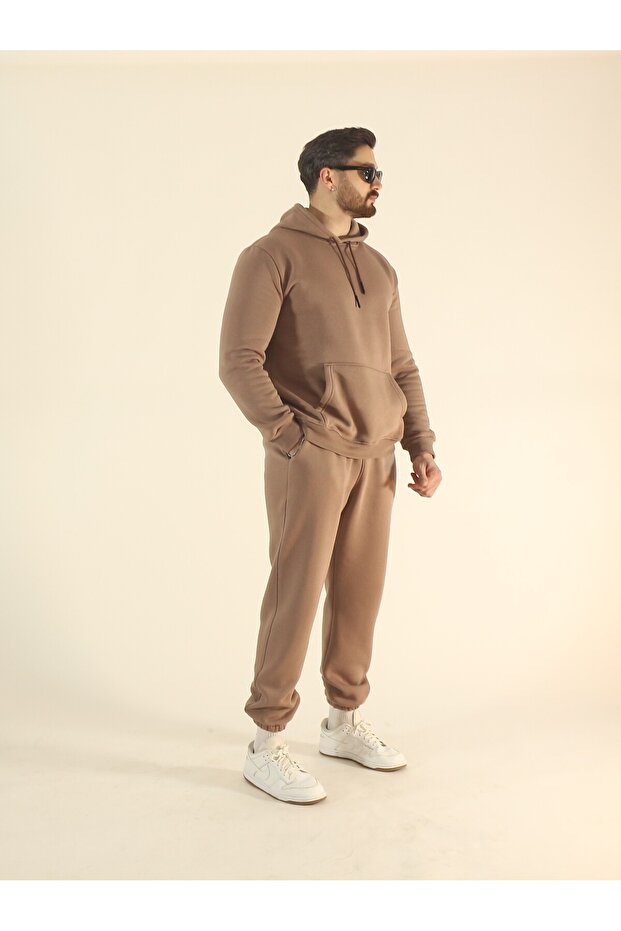 Men's Brown Winter Fleece-Lined Puff Fabric K Hooded 3-Thread Kangaroo Pocket Elastic Leg Sweatpants Set