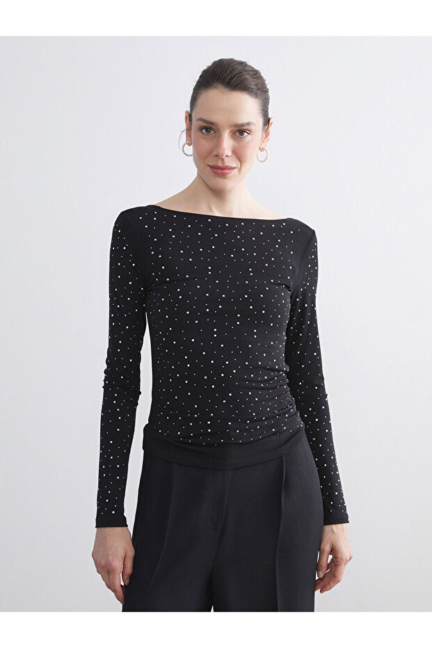 Lcw Everyday Black Boat Neck Stone-Embellished Blouse