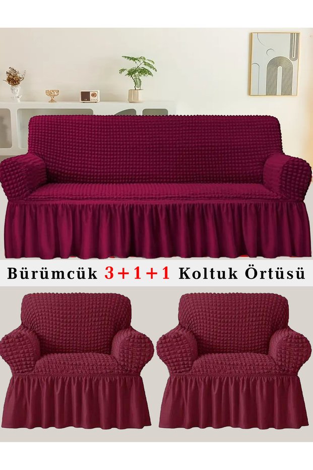 Bürümcük Sofa Cover, Couch, Sofa Bed Cover, Seat Cover 3 +1+ 1 Set Burgundy
