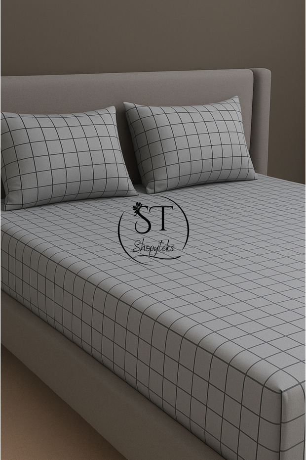 Square Patterned Double & King Size Fitted Sheet Set |   Cotton & Soft - 1