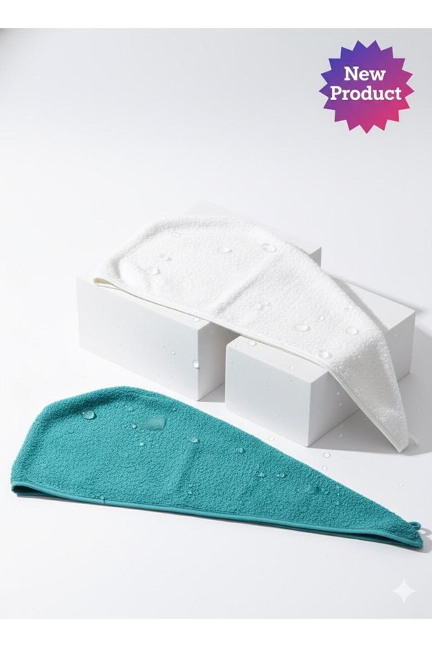Hair Towel Hair Cap Set of 2 100% Cotton Drying after Bath, Pool and Sea Ecru / Green