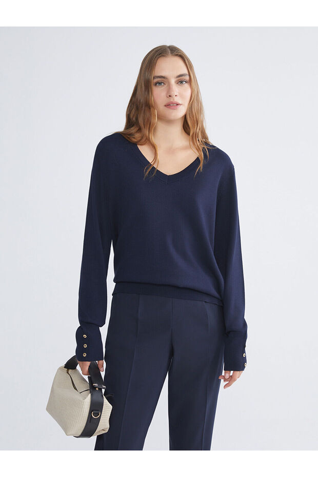 Navy Blue V-Neck Women's Knitwear Sweater