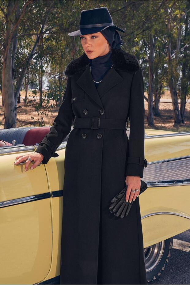 Belted Fur Detail Coat 90439