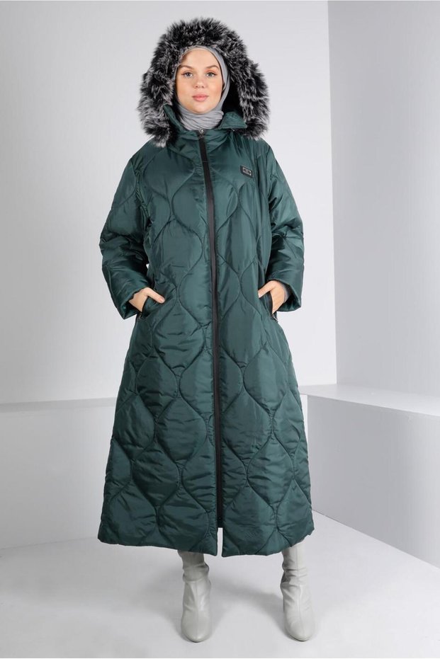 Plus Size Puffer Coat with Fur Hood 90333