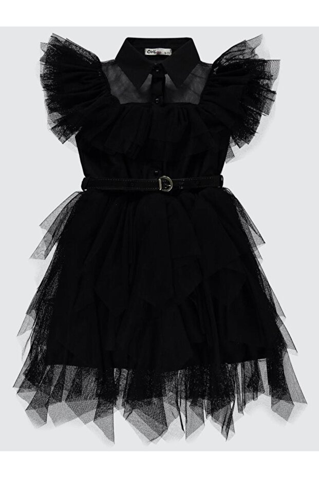 Tulle Dress with Belt for Ages 6-12 - Black 8-9 Years