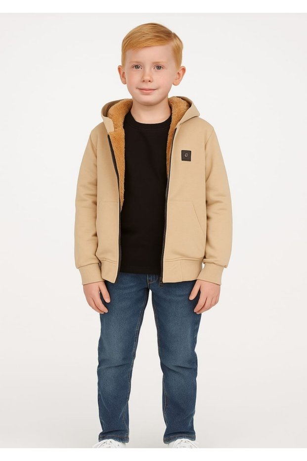 Boy's and Girl's Zipper Closure Hooded Fur Lined Cardigan Coat