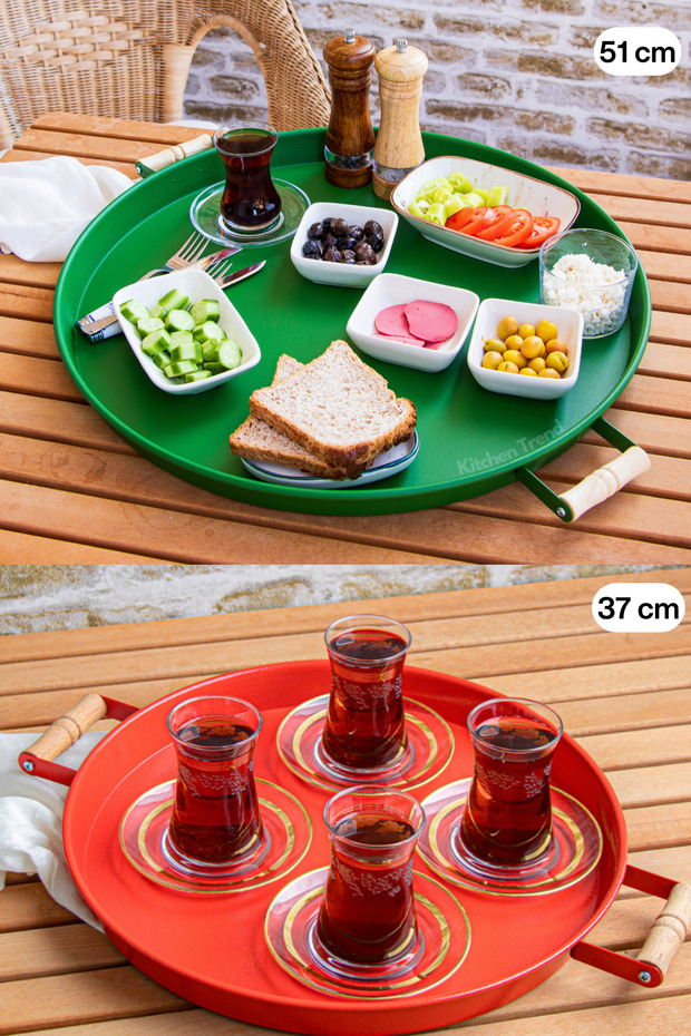 51 Cm Green 37 Cm Red 2 Piece Metal Round Tray Presentation Tray Tea Coffee Tray