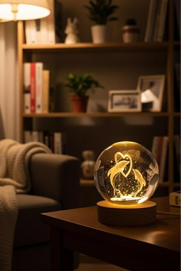 Ahşap Tabanlı Kalpli Aşık Yunuslar Figürlü LED Işıklı Küre - 4