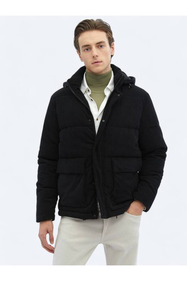 Siyah Regular Fit Kapüşonlu Casual Dokuma Mont - 1