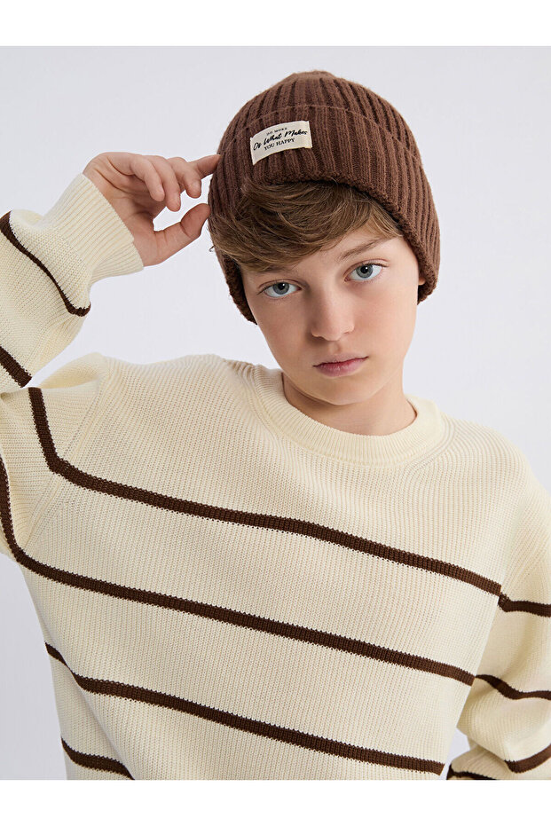 Lcw Kids Ecru Crew Neck Striped Boys' Knit Sweater