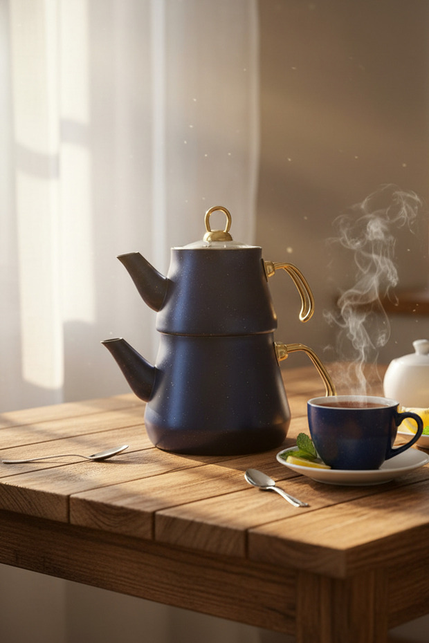 Granit Kaplama Gold Kulplu Cam Kapak Çaydanlık Mavi - 7