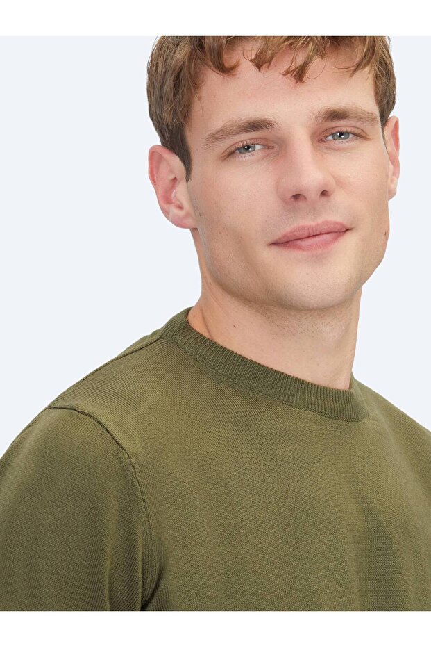 Haki Bisiklet Yaka Düz Örgü Triko Kazak - 3