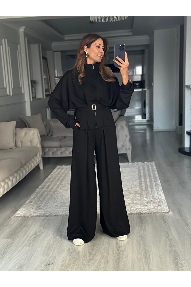 Women's Black Belted Modal Fabric Two-Piece Set – Wide-Leg Pants and Zippered Top 7538