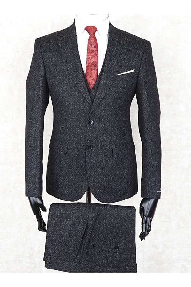 Slim Fit Sivri Yaka-Çift Yırtmaç Siyah Drop 6 Yelekli Takım Elbise - 1