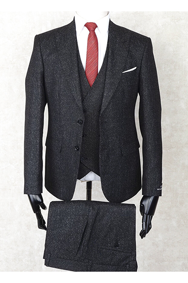 Slim Fit Sivri Yaka-Çift Yırtmaç Siyah Drop 6 Yelekli Takım Elbise - 2