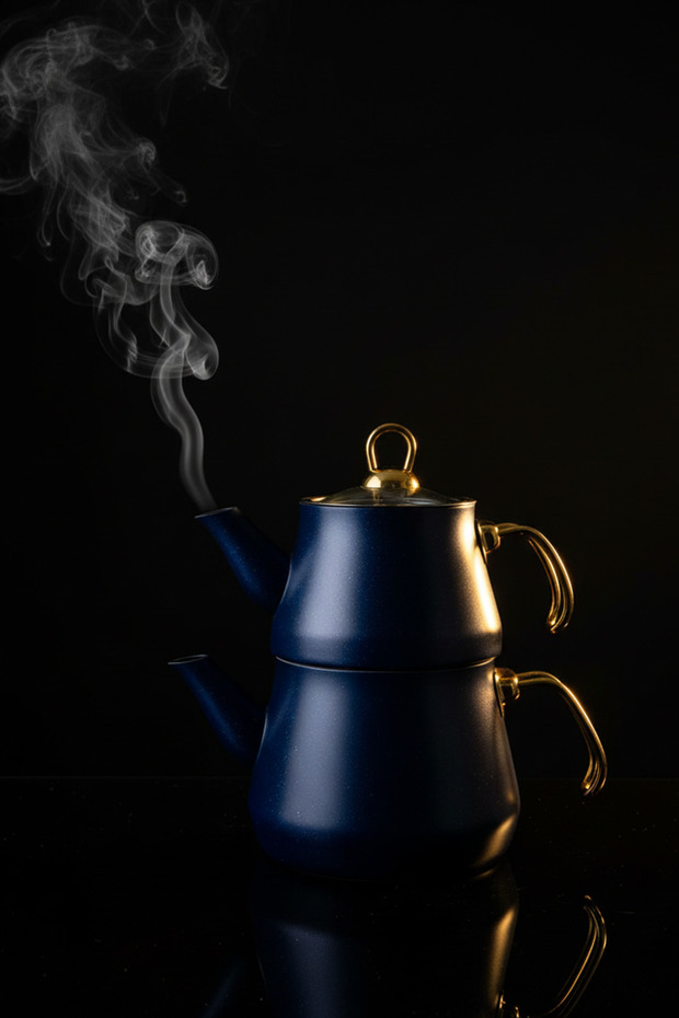 Granit Kaplama Gold Kulplu Cam Kapak Çaydanlık Mavi - 5