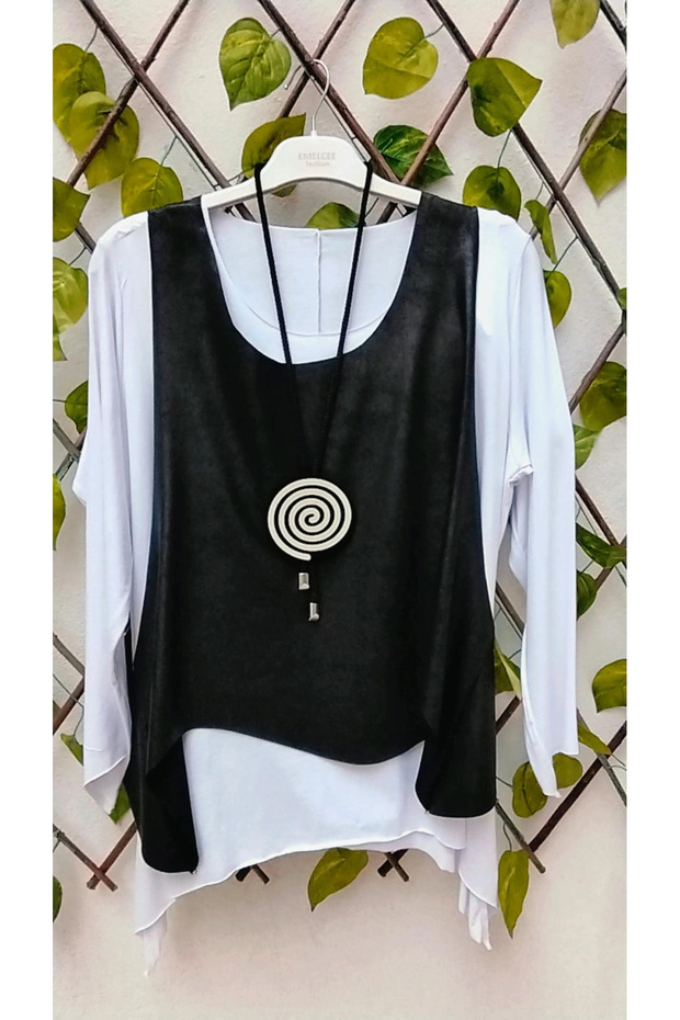 Deri yelekli bluz kolyeli beyaz - 3