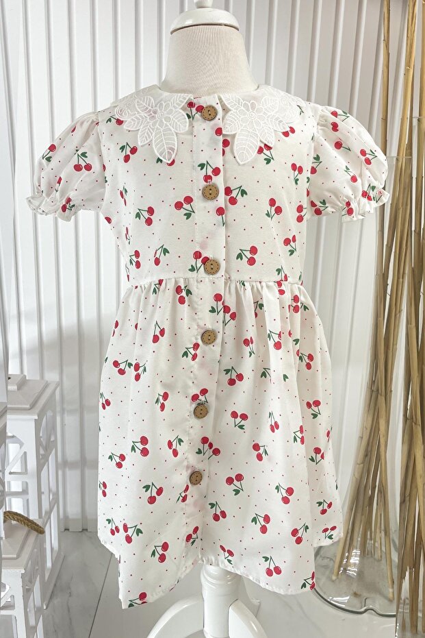 Collar Detailed Cherry Dress White Mdvk136