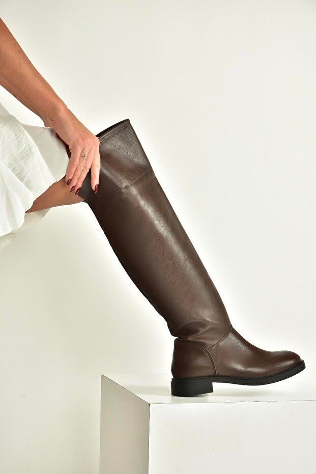V973801009 Brown Low Heeled Over-The-Knee Classic Women's Riding Boots