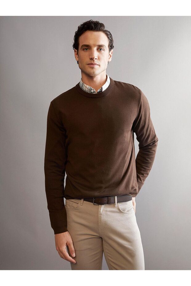 Brown Crew Neck Men's Knitwear Sweater