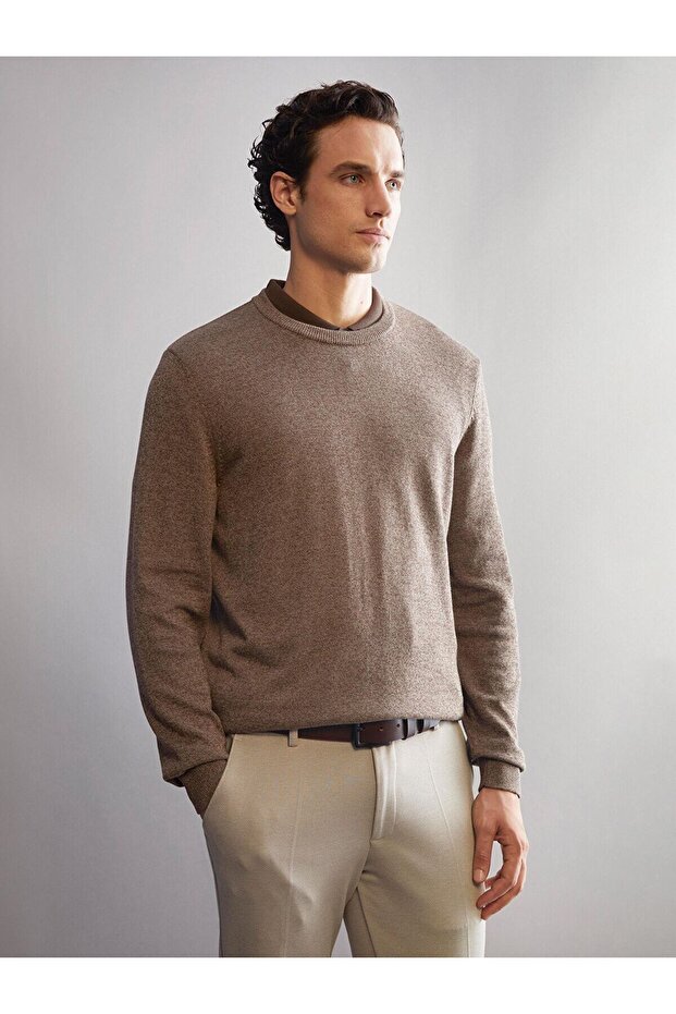 Brown Crew Neck Men's Knitwear Sweater