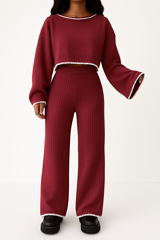 Shepherd Detailed Women's Burgundy Knitwear Set