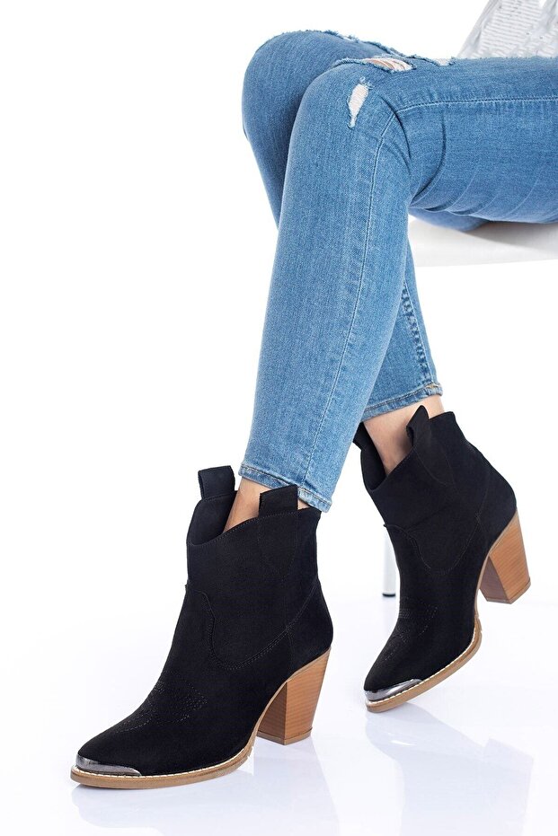 Çekme Kısa Kovboy Kalın Boyalı Ökçe Sıcak Astarlı Neolit Metal Burunlu Bot-siyah Süet-byc0300 - 1