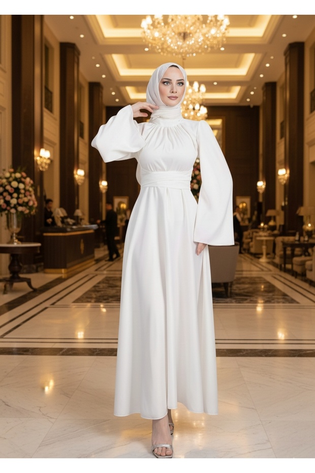 Spanish Sleeve Satin Evening Dress White