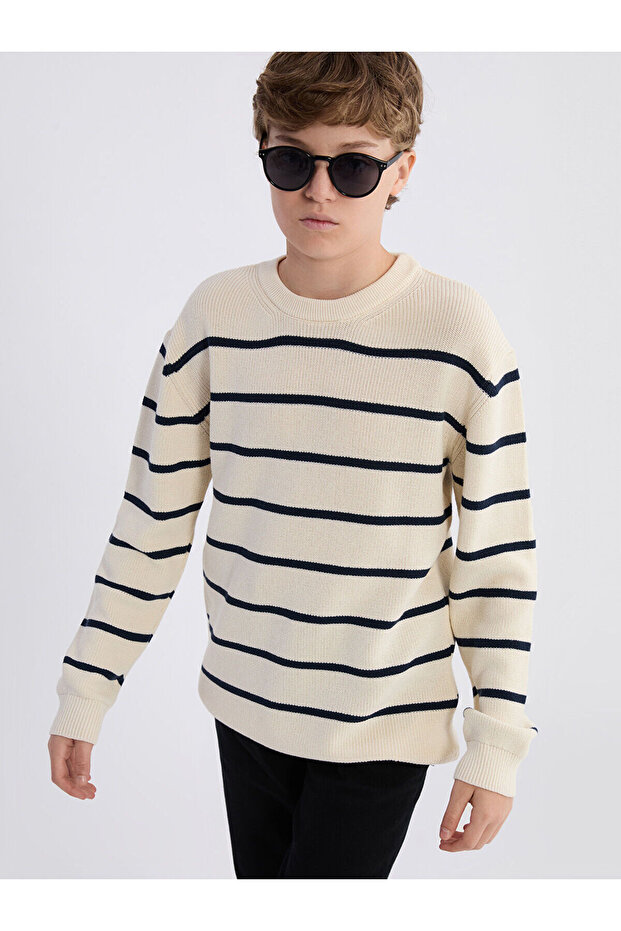 Beige Crew Neck Striped Boys' Sweater