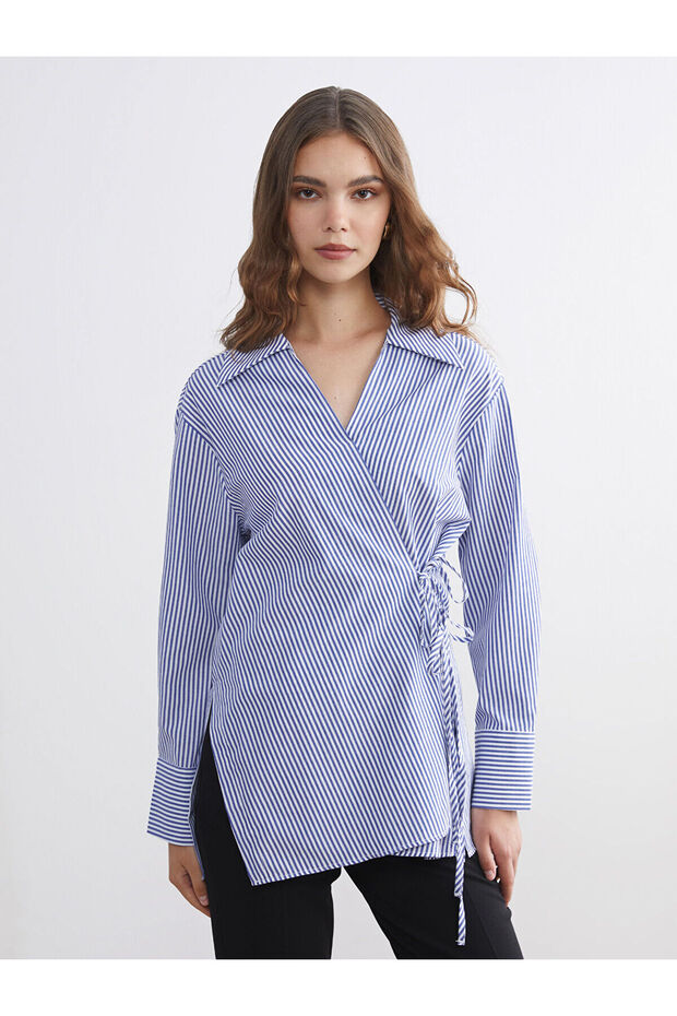 Lcw Modest Navy Blue Tie-Waist Women's Shirt Tunic